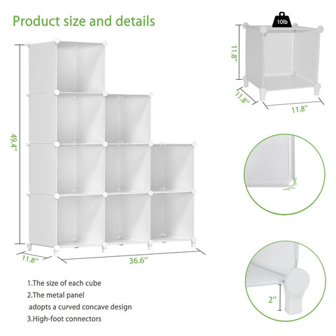 Diagram of 9 Cube White Storage Organizer Set with dimensions, modular DIY plastic shelves for bedroom, office, and living room.