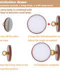 Installation demo of Solid Wood Wall Sconce Lamp With Magnetic 360 Degree Rotation, Cordless Rechargeable LED, shown in steps.