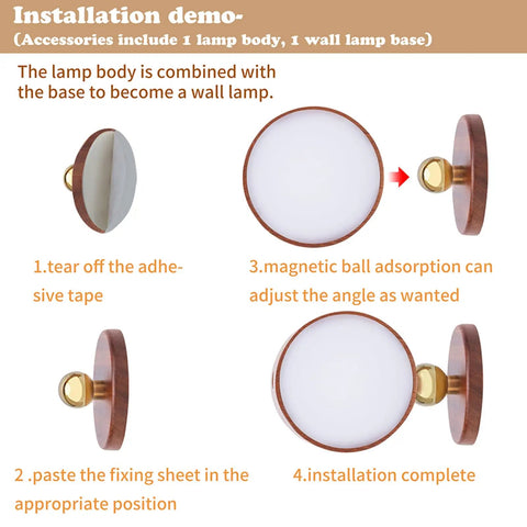 Installation demo of Solid Wood Wall Sconce Lamp With Magnetic 360 Degree Rotation, Cordless Rechargeable LED, shown in steps.
