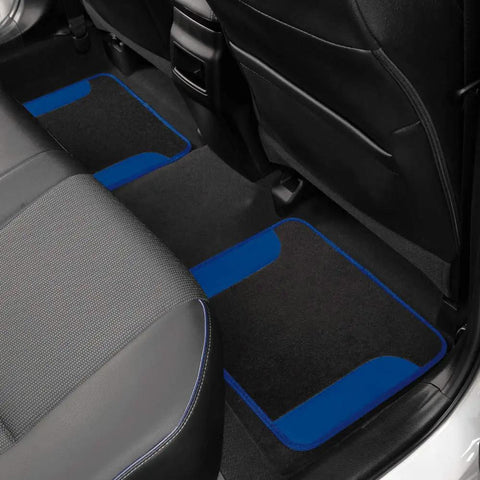 Level Up Your Slick Ride With This Premium Car Accessory Gift Bundle Featuring Thermal Blocking Auto Sunshade Two Tone Carpet Floor Mats And Ergonomic Grip Steering Wheel Cover For Trucks Vans SUVs. Two-tone carpet floor mats in black and blue add style and protection to vehicle interiors.
