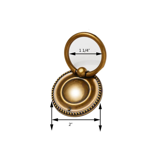 8 Pack 2 Inch Antique Brass Ring Drawer Pulls With Round Plate Base on white background showing size dimensions
