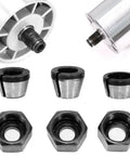 Three Piece Wood Router Collet Adapter Kit With Nuts For Flush Trim Router Bits 6mm 6.35mm And 8mm Shanks displayed with router and nuts