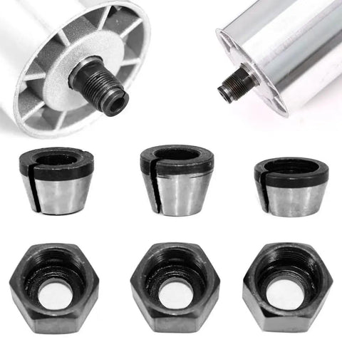 Three Piece Wood Router Collet Adapter Kit With Nuts For Flush Trim Router Bits 6mm 6.35mm And 8mm Shanks displayed with router and nuts