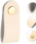 Slick Double Pack PU Leather Cord Organizer Ties For Reusable USB Charger Straps And Earphone Holders close-up of beige leather strap with snap button.