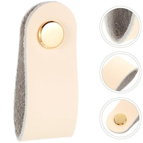 Slick Double Pack PU Leather Cord Organizer Ties For Reusable USB Charger Straps And Earphone Holders close-up of beige leather strap with snap button.