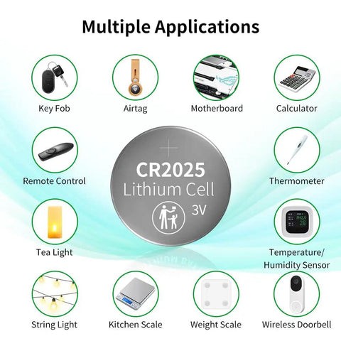 Hella Reliable Cr2025 Lithium Coin Cell Batteries 10 Pack 3 Volt 160 Mah for various devices like key fobs and thermometers.