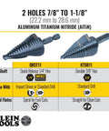 Step Drill Bit With Aluminum Titanium Nitride Coating for clean cuts, 7/8 to 1-1/8 inch sizes, 3/8 inch hex shank, dual flutes.