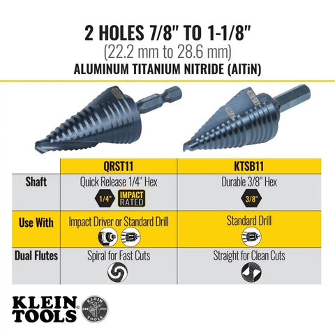Heavy Duty Step Drill Bit With Quick Release Spiral Flutes And Hex Shank Cuts Steel Wood Plastic Aluminum Effortlessly In The Seven Eighth To One Eight Inch Range Durable Nitride Coating So It Never Gets Slammed Works Like A Champ For Impact Drivers displayed with two drill bits for cutting 7/8" to 1-1/8" holes.