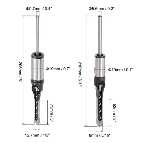 These Kickass Woodworking Drill Bits Feature Two Top Notch Square Hole Chisels For Fast Hollow Mortising On Any Lumber Project Including Half And Five Sixteenths Inch Sizes Today showing sizes and dimensions of bits.