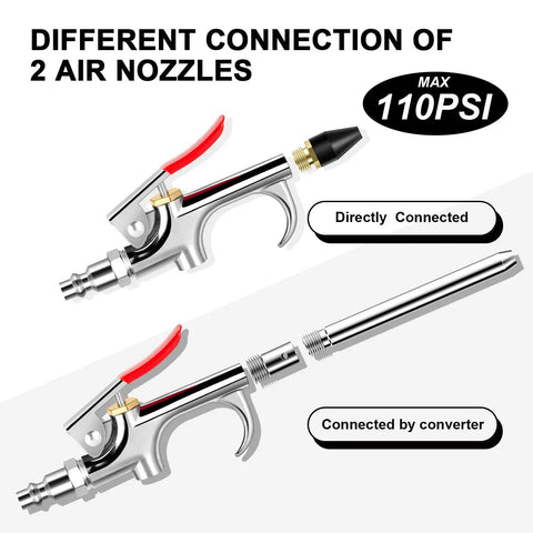 9 Piece 2 Way Air Nozzle Blow Gun Set With 1/4 Inch Quick Fitting And Four Nozzles shown with direct and converter connections