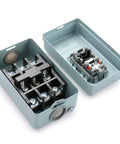 Self-Locking 3-Phase Push Button Switch 30A 380V AC, Industrial 3-Pole Heavy-Duty Metal Case, open view, interior components detailed