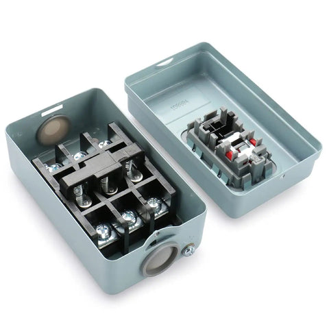 Self-Locking 3-Phase Push Button Switch 30A 380V AC, Industrial 3-Pole Heavy-Duty Metal Case, open view, interior components detailed