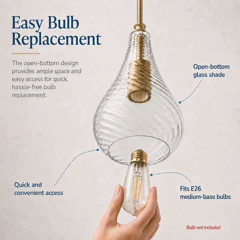 HXXLFONEDP Champagne Gold Pendant Light for Kitchen Island, Clear Glass with open-bottom design for easy bulb replacement.