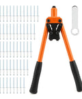Heavy Duty One Hand Rivet Gun Kit With Fifty Rivets For Slick Auto Repairs And Furniture Builds Easy Grip Alloy Manual Riveter and wrenches.