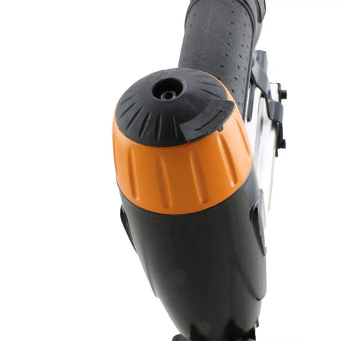 Close-up of 4-In-1 Pneumatic 18-Gauge Flooring Nailer, Brad Nailer, and Narrow Crown Stapler with handle and trigger detail.