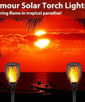 Outdoor Solar Torch Lights With Realistic Dancing Flames, 42.9 Inch Tall, Waterproof 96 LED Tiki Torches at sunset