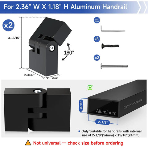 Two Pack 180 Degree Adjustable Vertical Pivot Connector For 2.36 In W By 1.18 In H Aluminum Black Weatherproof Handrail Deck Railing Rectangular Flat Handrail Accessories For DIY Outdoor Stair Screws Included Black, 180° hinge