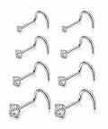 Snag These Clean G23 Titanium Corkscrew Nose Studs With Sparkling CZ Tops Hype Ready 20 Gauge Body Piercing Jewelry Chill Fit Lightweight Silver Set For Effortless Daily Wear, 8 pieces with CZ caps.