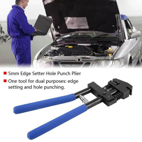 Mechanic using 5mm Hole Punch Setter Joggler For Sheet Metal And Panels Dual Function Plier Tool near open car hood.