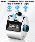 Real Deal Heavy Duty Two Pack Metal Tally Clickers In Bright Silver With Smooth Mechanical Action And Snappy Reset Lever For Super Accurate Zero To Nine Thousand Tracking On The Go, showing a handheld tally counter with 4-digit display.