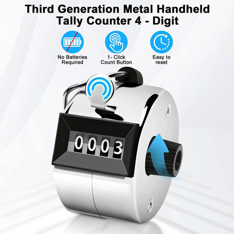 Real Deal Heavy Duty Two Pack Metal Tally Clickers In Bright Silver With Smooth Mechanical Action And Snappy Reset Lever For Super Accurate Zero To Nine Thousand Tracking On The Go, showing a handheld tally counter with 4-digit display.