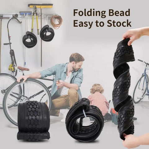 Folding Two Pack Beach Cruiser Bike Tires 26x2.125 With Inner Tubes And Tire Levers, Durable Rubber, man and child repairing bike.