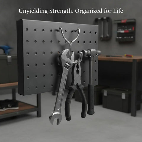 Heavy Duty Pegboard Rack With Wall Mounted Tool Organizer in garage, holding wrenches and pliers, iron built, 9.5 x 7.5 x 11.5 inches