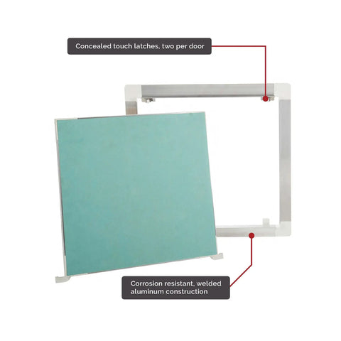 Heavy Duty Touch Latch Tile Access Door For Walls Featuring Seamless Concealed Design, 12x12 inches, aluminum, with concealed latches.