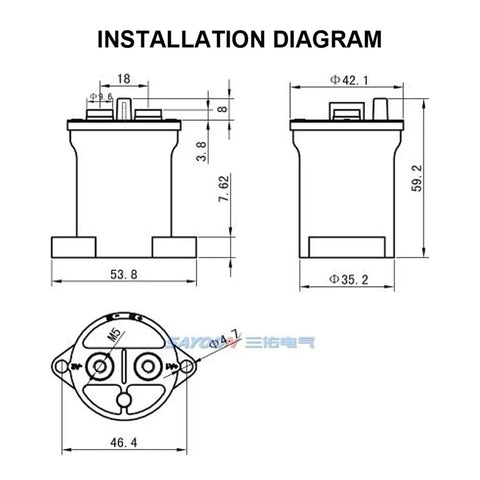 Installation diagram for Heavy Duty High Voltage DC Contactor EV Charging Station Power Relay, showing dimensions and layout.