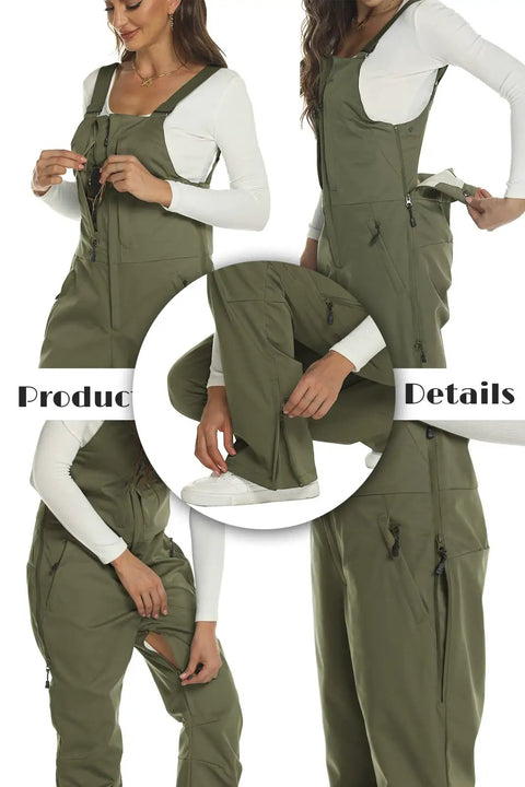 Women's Insulated Waterproof Snow Bibs For Skiing And Winter Outdoor Adventures, Durable windproof snow pants with zippers shown.