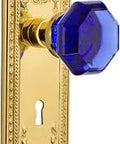 Meadows Plate Vintage Vibe With Keyhole Privacy And Waldorf Cobalt Crystal Door Knob Set In Unlaquered Brass For Two And Three Quarters Backset