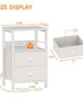 White End Table With Built In Charging Station And USB Ports Nightstand With Outlets Storage Shelf Fabric Drawers Hooks Size Display