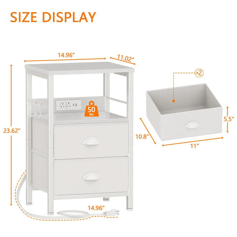 White End Table With Built In Charging Station And USB Ports Nightstand With Outlets Storage Shelf Fabric Drawers Hooks Size Display