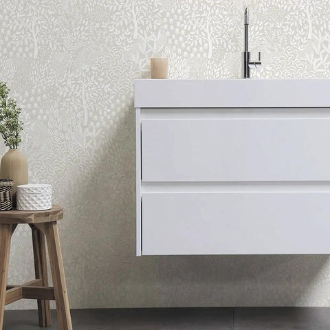 Bathroom with cream and white forest-themed wallpaper behind modern sink - Whimsical Woodland Fantasy Peel And Stick Wallpaper In Cream And White No Mess Removable Wall Covering Easy To Reposition For Quick DIY Room Makeovers Great For Living Rooms And Nurseries 20 Inch Wide By Sixteen And A Half Feet Long Made In USA.