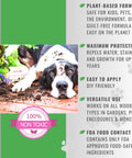 Dog lying on soil in a garden with product benefits listed, featuring plant-based wood sealant for gardens and yard projects, FDA food contact safe, non toxic finish for raised beds, planters, and pet houses, deeply penetrating protection for cedar and all wood types against water and weather.