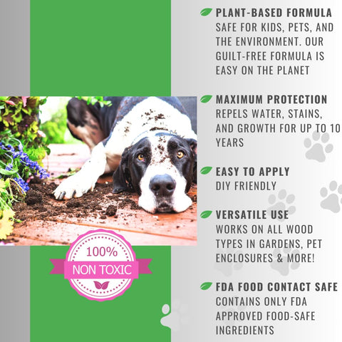 Dog lying on soil in a garden with product benefits listed, featuring plant-based wood sealant for gardens and yard projects, FDA food contact safe, non toxic finish for raised beds, planters, and pet houses, deeply penetrating protection for cedar and all wood types against water and weather.