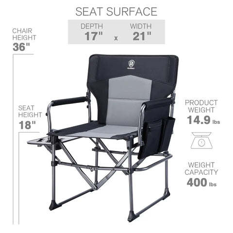 Compact Foldable Camping Directors' Chair With Side Table And Pocket, Heavy Duty Lawn Chair, dimensions and weight capacity shown