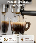 Grind Your Perfect Shot With This Compact Stainless Steel Espresso Machine Boasting 20 Bar Pressure, close-up of espresso extraction.