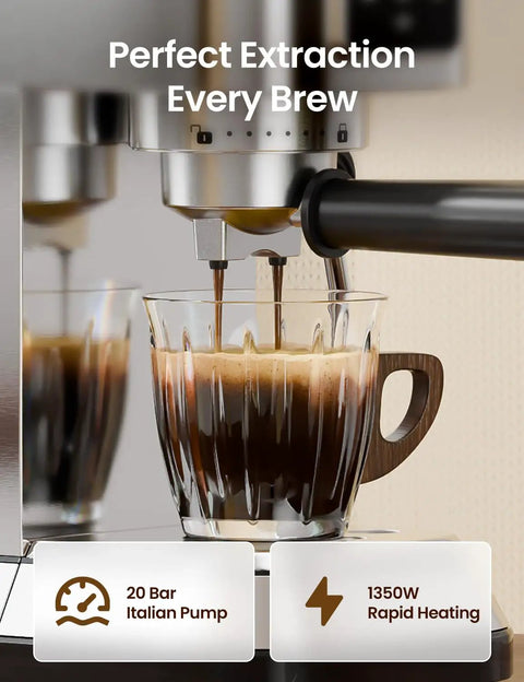 Grind Your Perfect Shot With This Compact Stainless Steel Espresso Machine Boasting 20 Bar Pressure, close-up of espresso extraction.