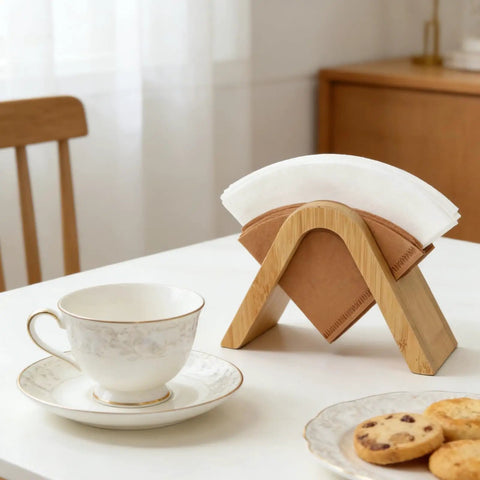 Bamboo Coffee Filter Holder Rack and Stand for Four Filter Papers Type A Eco Friendly Kitchen Organizer for V60 Pour Over shown on table