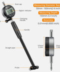 Front view of Neoteck black digital dial bore gauge with self-centering dial, carbide anvils, insulated grip, and probe.