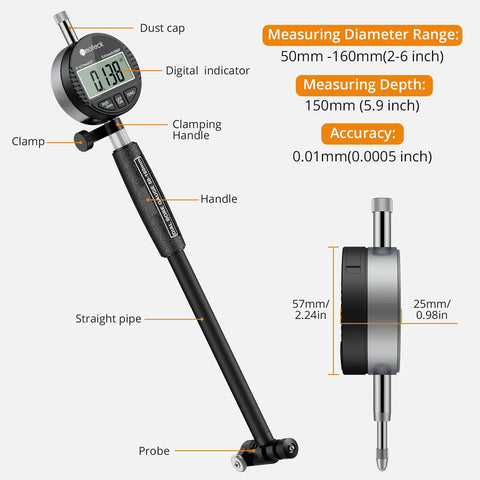 Front view of Neoteck black digital dial bore gauge with self-centering dial, carbide anvils, insulated grip, and probe.