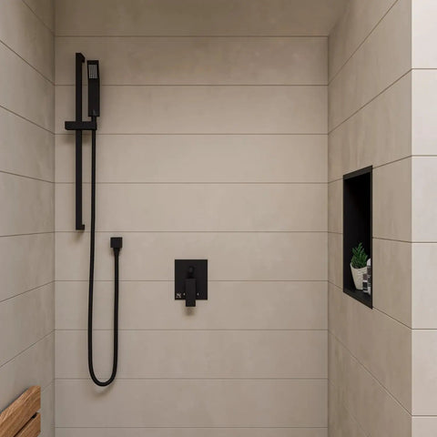 HomeStock Black Matte Shower Faucet System with Pressure Balance Valve and Single Lever Handle installed in a modern shower.