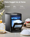 Nugget Ice Maker Countertop Delivers Chewy Pebble Ice On Demand 40 Lbs Per Day With 1.8L Tank Self Cleaning Sonic Ice Machine For Home Kitchen Office Includes Ice Scoop And Basket Fast First Batch In Minutes, displaying chewy ice.
