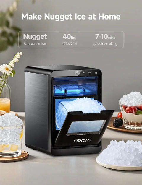 Nugget Ice Maker Countertop Delivers Chewy Pebble Ice On Demand 40 Lbs Per Day With 1.8L Tank Self Cleaning Sonic Ice Machine For Home Kitchen Office Includes Ice Scoop And Basket Fast First Batch In Minutes, displaying chewy ice.