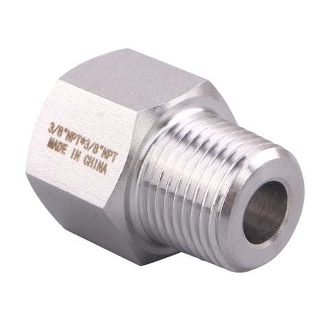 Heavy Duty Beefy Forged Reducer Adapter Fitting 304 Stainless Steel NPT 3/8 Female To 3/8 Male Pipe Connector High Pressure Rated Up To 2320 Psi Corrosion Resistant And Heat Tolerant From -50 C To 200 C Pack Of 2 close-up of 3/8 NPT stainless reducer adapter