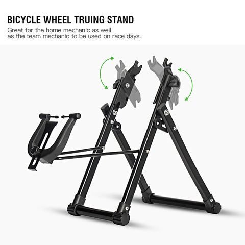 Foldable Wheel Truing Stand For 16 To 29 Inch Wheels, Space Saving Maintenance Holder in metal frame, front view