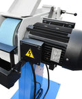 Pro Grade Heavy Duty Industrial Tube And Profile End Belt Grinder 4 X 78 Inch High Speed Metalworking Sander 3 Phase 220 Volt 3410 RPM motor and belt detail.