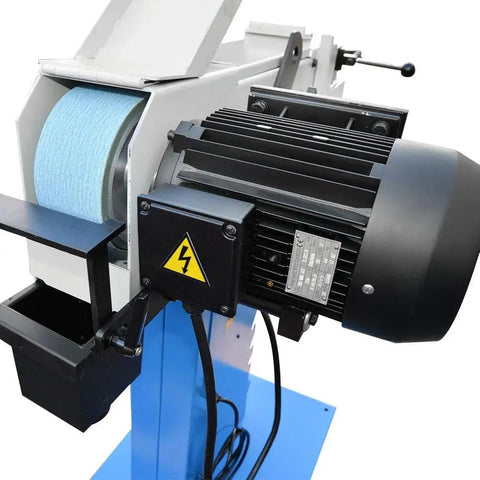 Pro Grade Heavy Duty Industrial Tube And Profile End Belt Grinder 4 X 78 Inch High Speed Metalworking Sander 3 Phase 220 Volt 3410 RPM motor and belt detail.