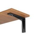Built Tough 18 Inch Heavy Duty Shelf Brackets 8 Pack, solid black steel wall mount supporting a wooden shelf.